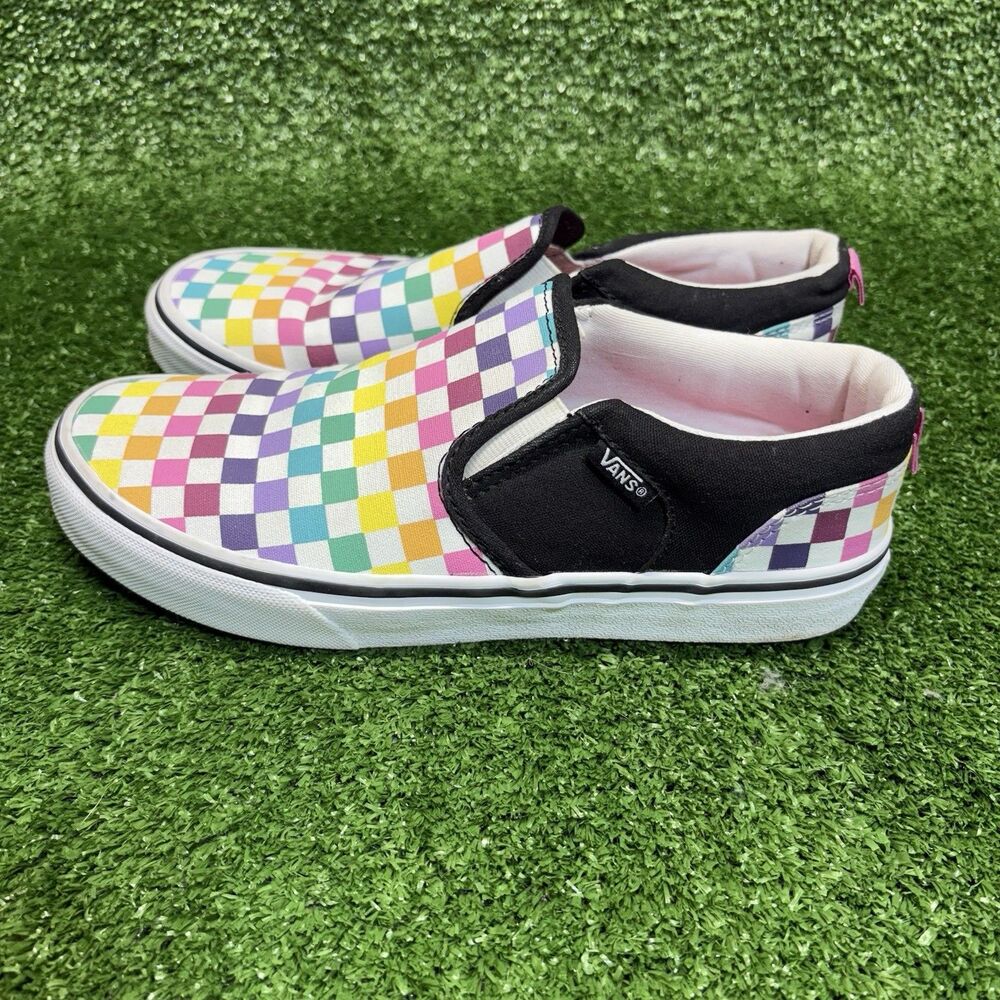 Vans Asher Rainbow Party Check Checkerboard Multi/Blk Youth Size 6 Slip On Skate